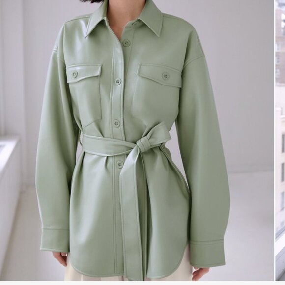 Aritzia Babaton Ava Vegan Leather Belted Shirt Jacket in Silent Storm Green S - Picture 1 of 15